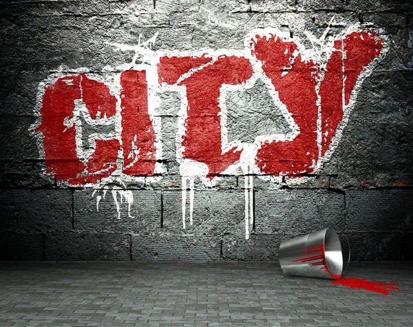 Graffiti muur met stad, straat achtergrond — Stockfoto