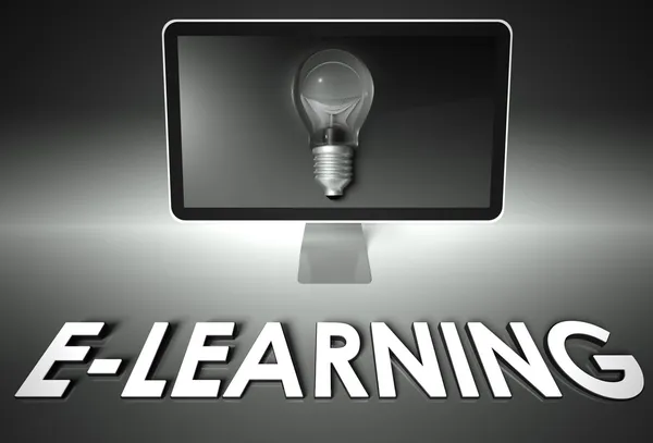 Pantalla y bombilla con E-learning, Idea — Foto de Stock