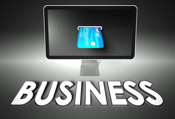 Ekran i karty kredytowej, słowo biznes, e-commerce — Zdjęcie stockowe