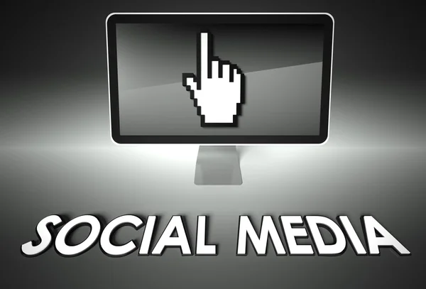 Ikonu obrazovka a rukou se sociálními médii, síť — Stock fotografie