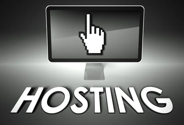 Icona dello schermo e della mano con Hosting, Rete — Foto Stock