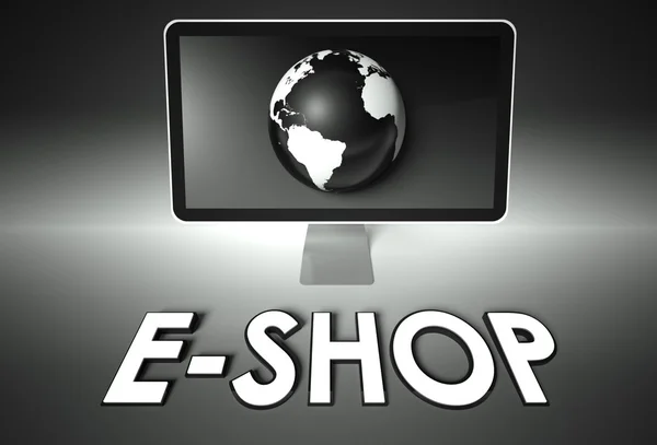 Οθόνη και υδρόγειο με e-shop, ηλεκτρονικό εμπόριο — Φωτογραφία Αρχείου