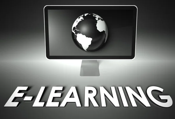 Pantalla y globo con E-learning, Internet — Foto de Stock