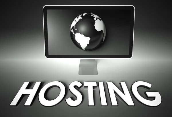 Scherm en globe met hosting, netwerk — Stockfoto