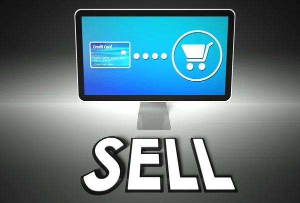 Screen and buying with word Sell, E-commerce — Stock Photo, Image