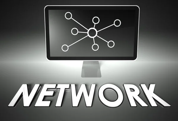 Bildschirm und Internetschild mit Netzwerk, Teamwork — Stockfoto