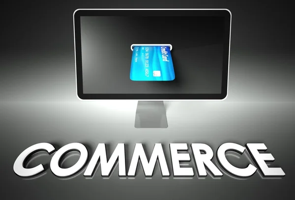 Bildschirm und Kreditkarte, Word Commerce, E-Commerce — Stockfoto