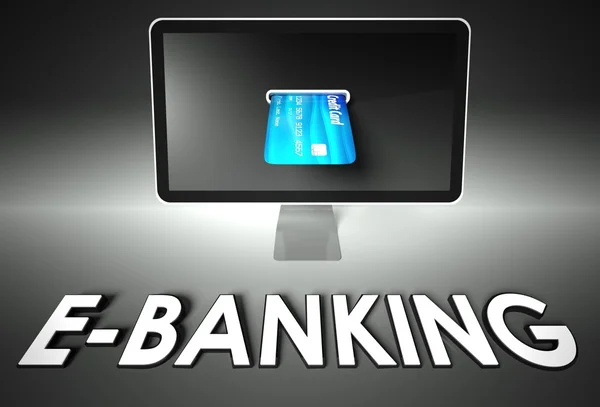 Экран и кредитная карта, слово E-banking, электронная коммерция — стоковое фото
