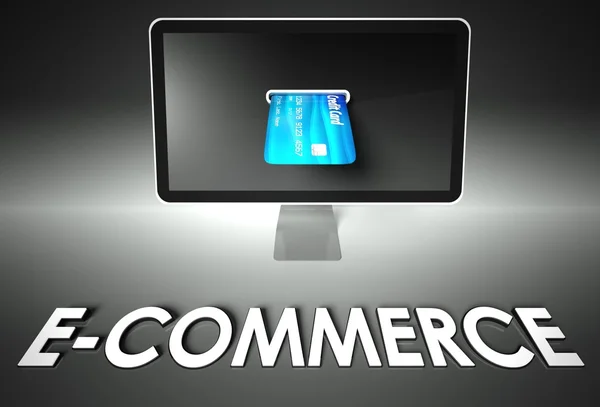 Bildschirm und Kreditkarte, Wort E-Commerce, Geschäft — Stockfoto