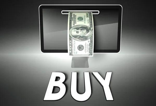 Ekran i dollar bill, słowo kupić, e-commerce — Zdjęcie stockowe