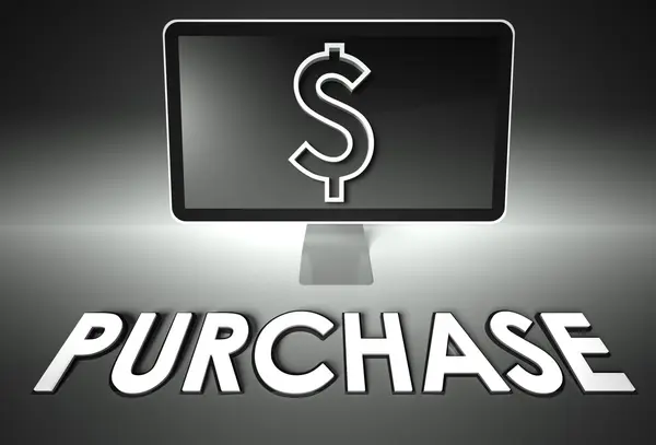 Scherm en dollar teken, woord aankoop, e-commerce — Stockfoto