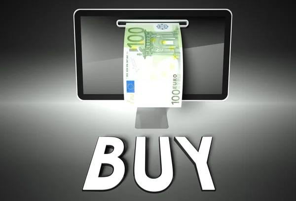 Bildschirm und Euroschein, kaufen — Stockfoto