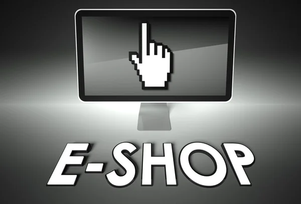 Icono de pantalla y mano con tienda electrónica, comercio electrónico — Foto de Stock