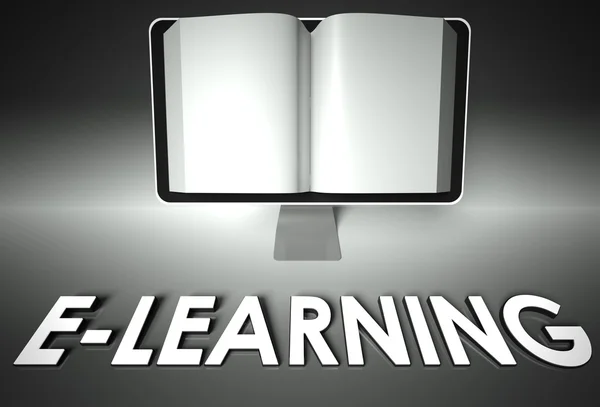 Tela e livro aberto com E-learning, Internet — Fotografia de Stock