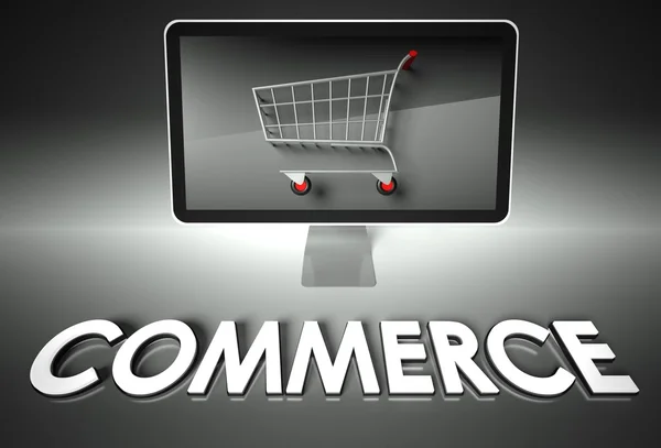 Computer and shopping cart with Commerce, E-commerce — Stock Photo, Image