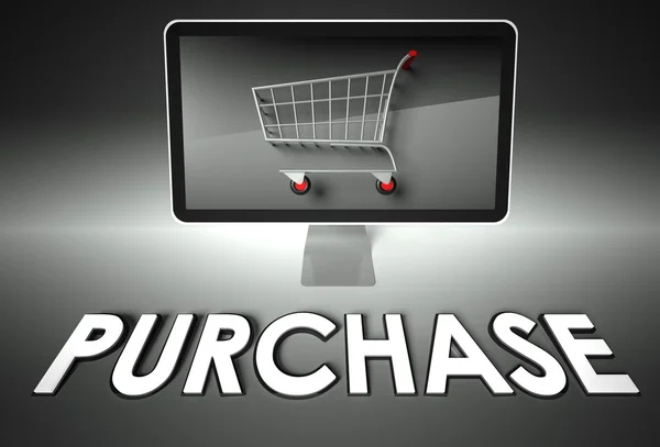 Computer and shopping cart with Purchase, E-commerce — Stock Photo, Image