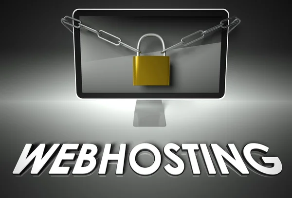 Computador e cadeado com Webhosting, Segurança — Fotografia de Stock