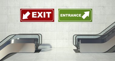 Moving escalator stairs, entrance exit sign clipart