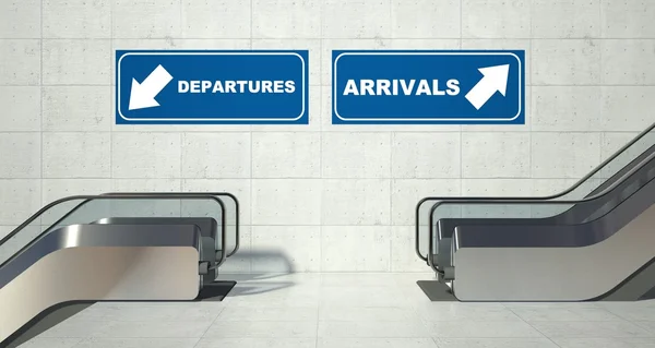 Moving escalator stairs, arrivals departures sign — Stock Photo, Image