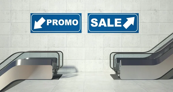 Moving escalator stairs, promo sale sign — Stock Photo, Image