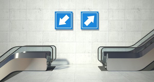 Moving escalator stairs, up down sign