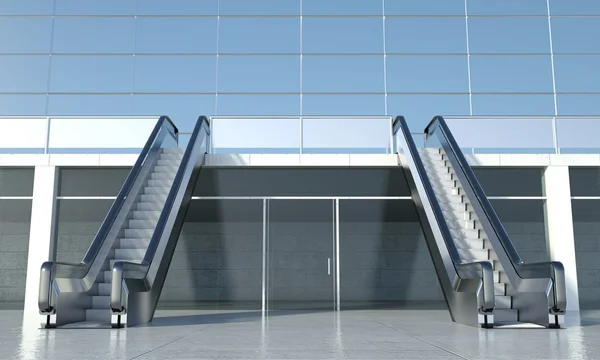 Escaladeira móvel e prédio de escritórios moderno — Fotografia de Stock