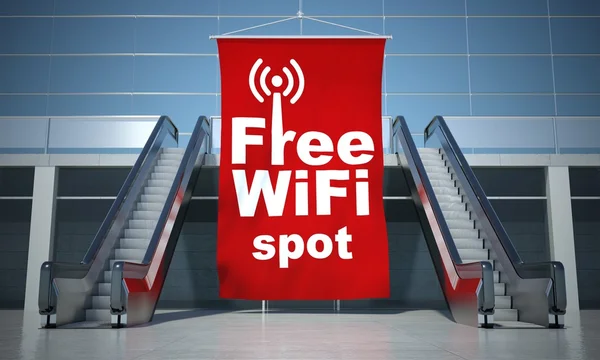 Gratis wifi reclameboodschappen vlag en roltrappen — Stockfoto