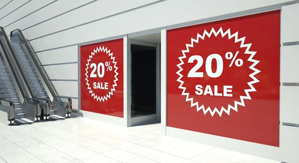 20 percent sale on shopfront windows and escalator — Stock Photo, Image