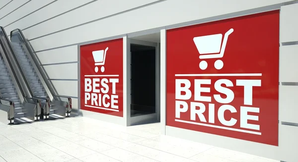 Best price on shopfront windows and escalator — Stock Photo, Image
