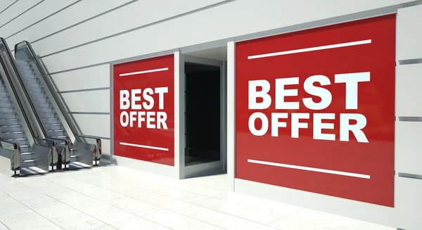 Best offer on shopfront windows and escalator — Stock Photo, Image