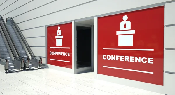 Konferans shopfront windows ve yürüyen merdiven — Stok fotoğraf