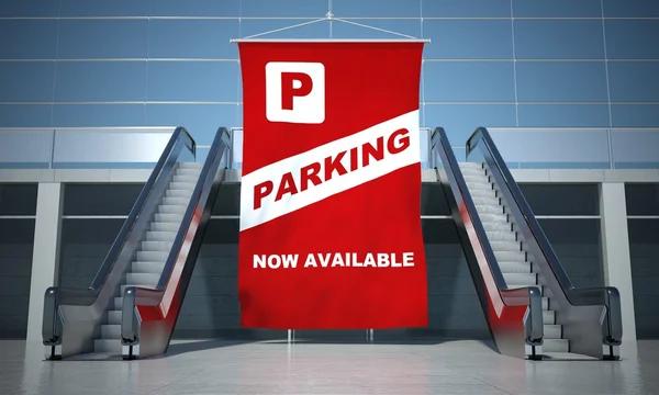 Bandeira de publicidade de estacionamento e escada rolante — Fotografia de Stock