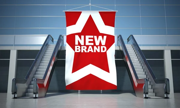 Nouveau drapeau publicitaire de marque et escalator — Photo