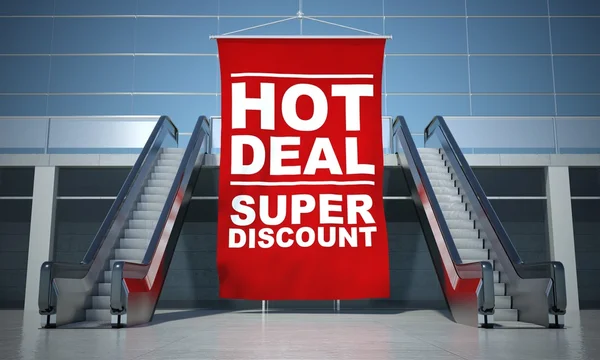 Hot deal offer advertising flag and escalator — Stock Photo, Image