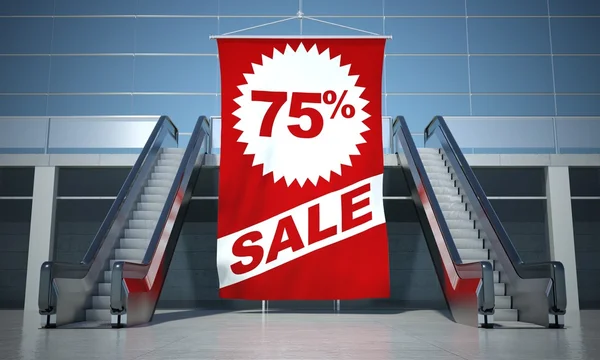 75 percent sale advertising flag and escalator — Stock Photo, Image