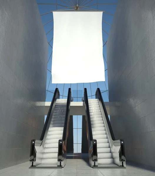 Drapeau publicitaire vierge et escalator à l'intérieur — Photo