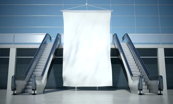 Bandera publicitaria en blanco y escalera mecánica en el interior —  Fotos de Stock