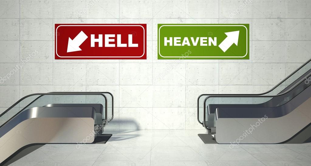 Moving escalator stairs, heaven hell sign