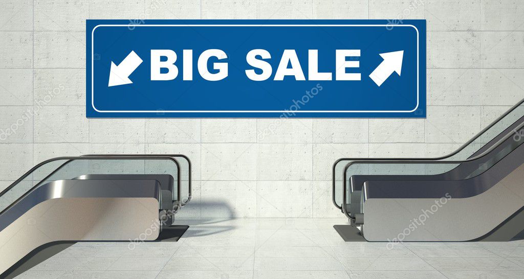 Moving escalator stairs, big sale sign