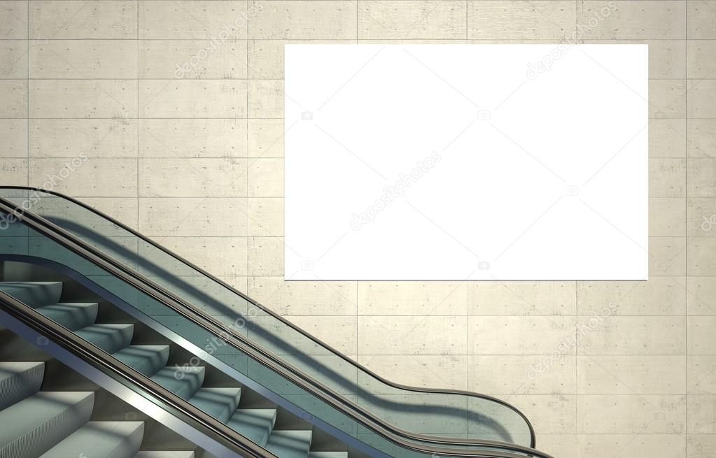 Empty advertising billboard and escalator stairs