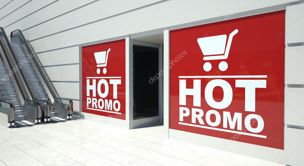 Hot promo on shopfront windows and escalator