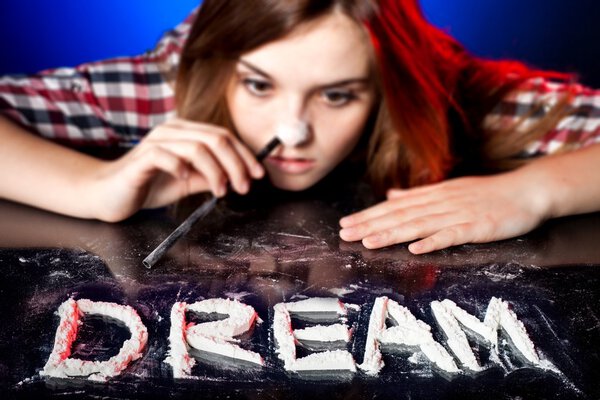 Woman snorting cocaine or amphetamines, coke dream
