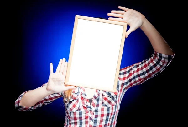 Woman with empty frame, copyspace — Stock Photo, Image