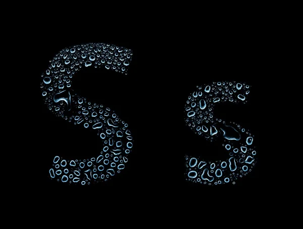 Water drops alphabet letter s, isolated black — Stock Photo, Image