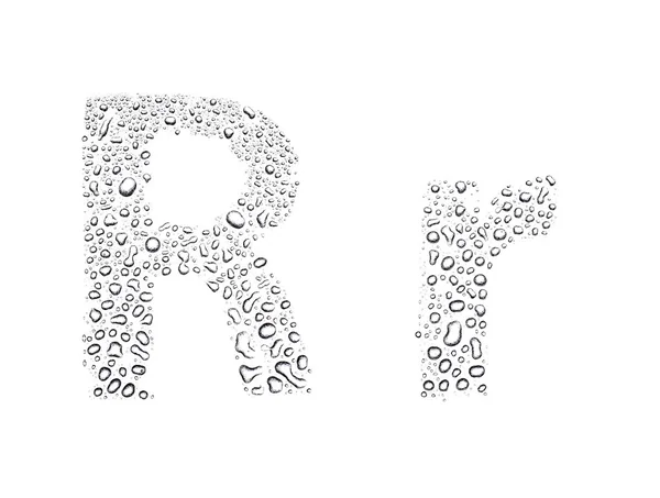 Alfabe harf r, izole beyaz su damlaları — Stok fotoğraf