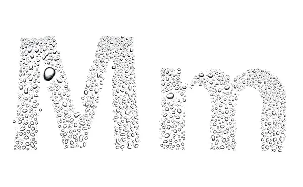 Alfabe harf m, izole beyaz su damlaları — Stok fotoğraf