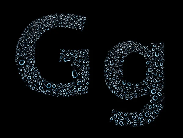 Water drops alphabet letter g, isolated black — Stock Photo, Image