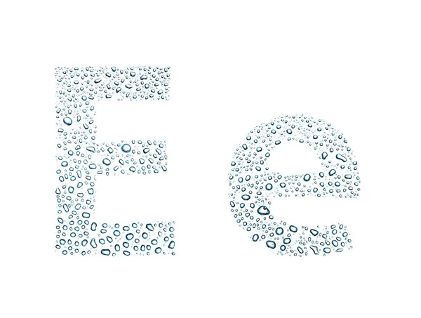 Water drops alphabet letter e, isolated white — Stock Photo, Image