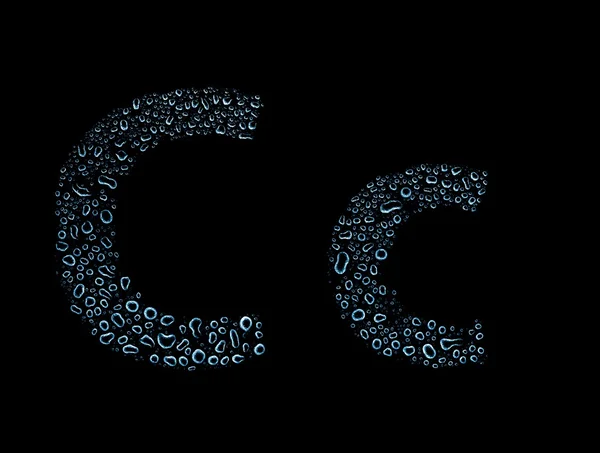 Water drops alphabet letter c, isolated black — Stock Photo, Image