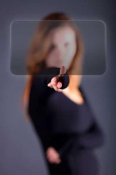 Business woman pushes button on touch screen — Stock Photo, Image